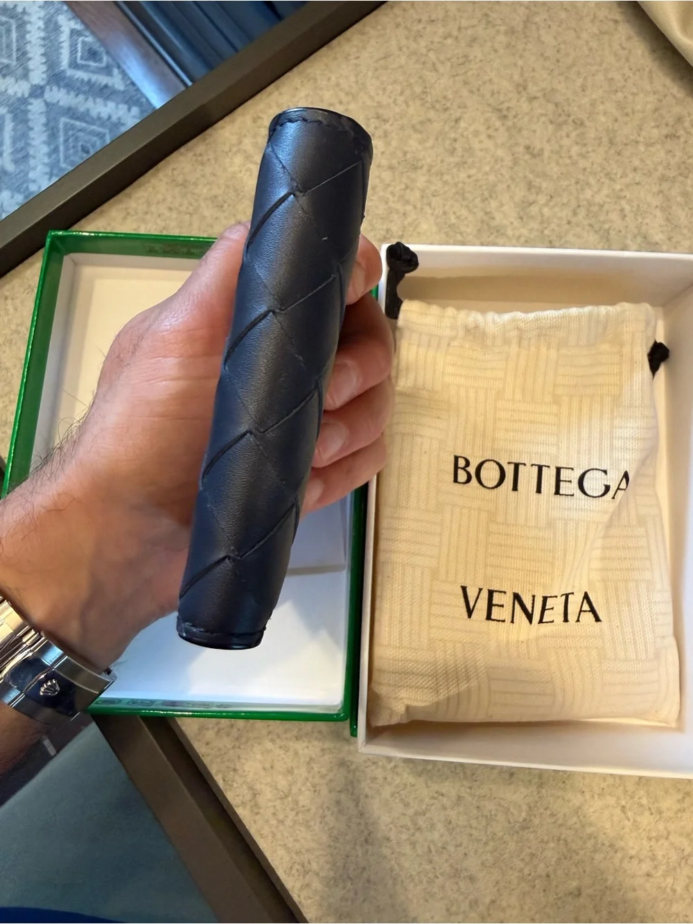 Bottega Veneta Navy Intrecciato Leather Bi-Fold Card Wallet